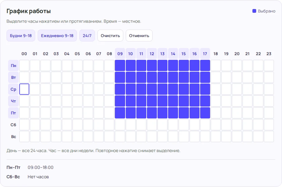Недельный график с выбранными рабочими часами